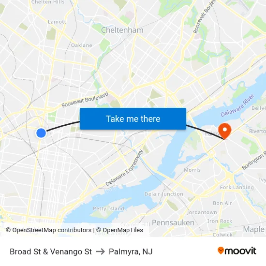 Broad St & Venango St to Palmyra, NJ map