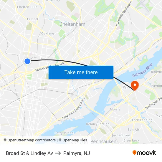 Broad St & Lindley Av to Palmyra, NJ map