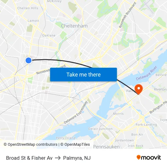 Broad St & Fisher Av to Palmyra, NJ map