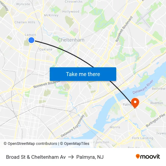 Broad St & Cheltenham Av to Palmyra, NJ map