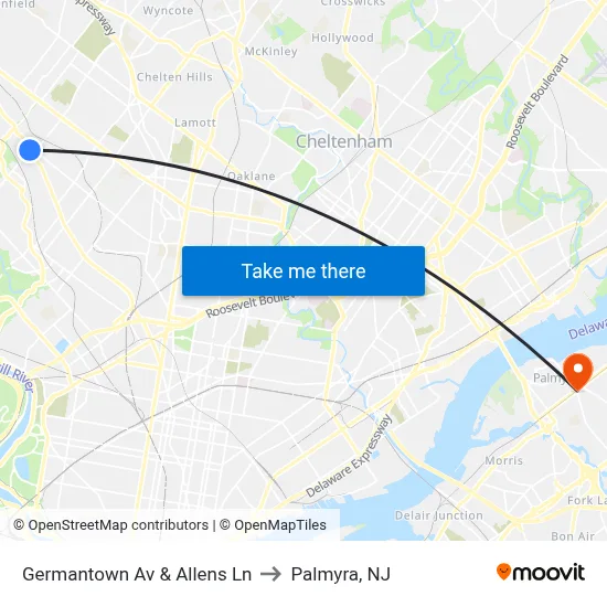 Germantown Av & Allens Ln to Palmyra, NJ map