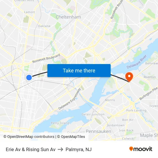 Erie Av & Rising Sun Av to Palmyra, NJ map