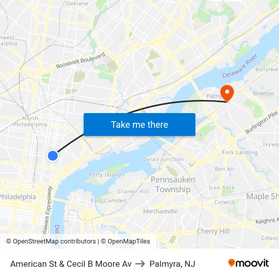American St & Cecil B Moore Av to Palmyra, NJ map