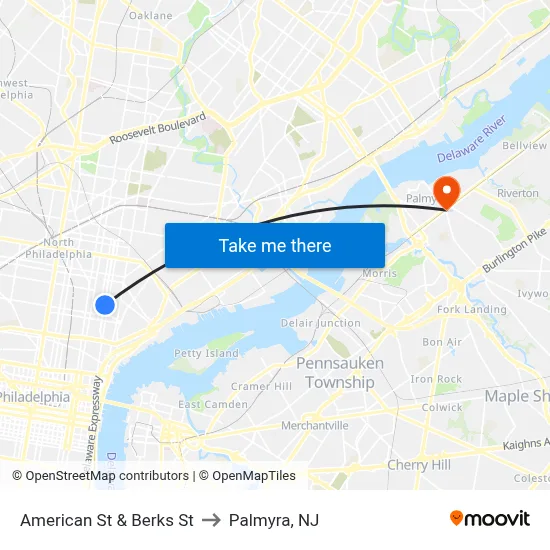 American St & Berks St to Palmyra, NJ map