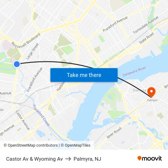 Castor Av & Wyoming Av to Palmyra, NJ map