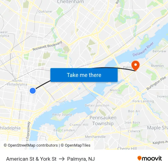 American St & York St to Palmyra, NJ map
