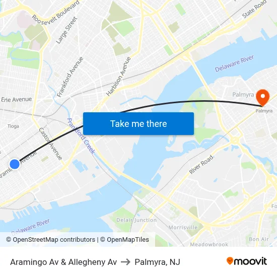 Aramingo Av & Allegheny Av to Palmyra, NJ map