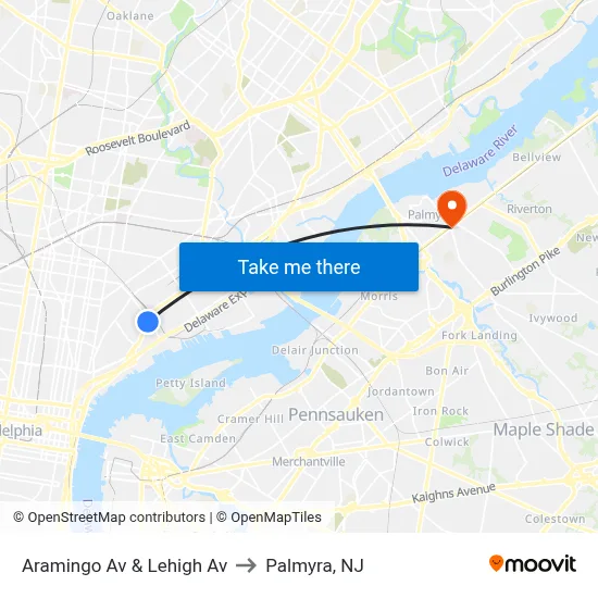 Aramingo Av & Lehigh Av to Palmyra, NJ map