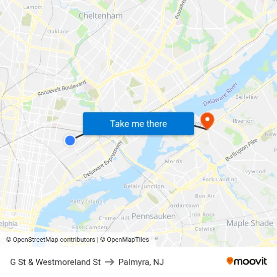 G St & Westmoreland St to Palmyra, NJ map