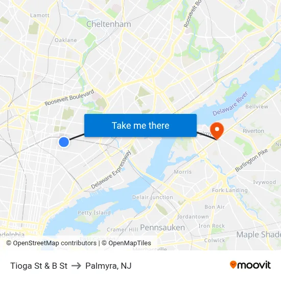 Tioga St & B St to Palmyra, NJ map