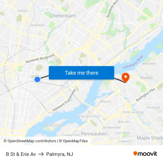 B St & Erie Av to Palmyra, NJ map