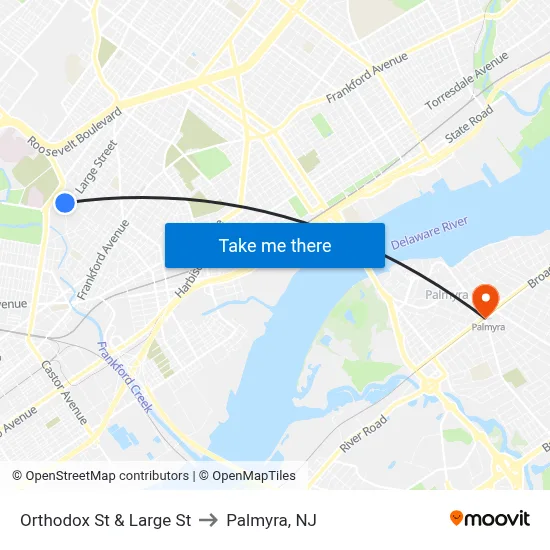 Orthodox St & Large St to Palmyra, NJ map