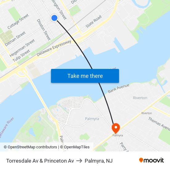 Torresdale Av & Princeton Av to Palmyra, NJ map