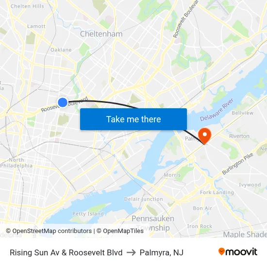 Rising Sun Av & Roosevelt Blvd to Palmyra, NJ map