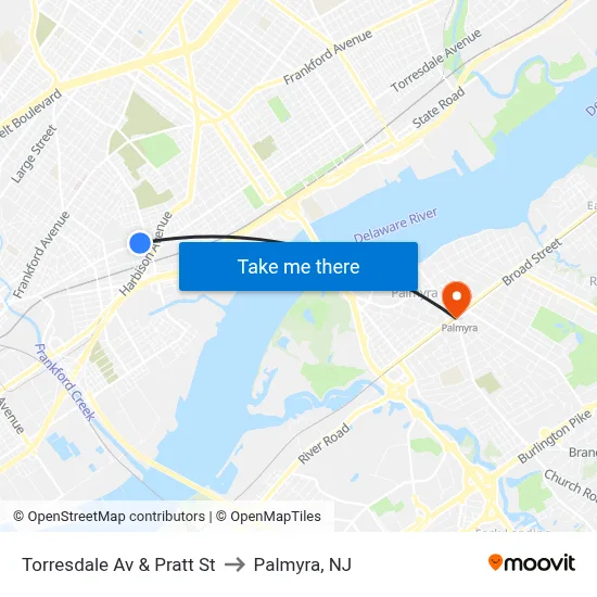 Torresdale Av & Pratt St to Palmyra, NJ map