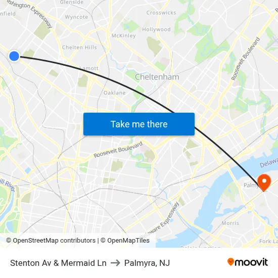 Stenton Av & Mermaid Ln to Palmyra, NJ map