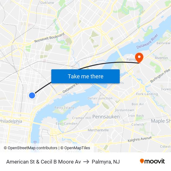 American St & Cecil B Moore Av to Palmyra, NJ map