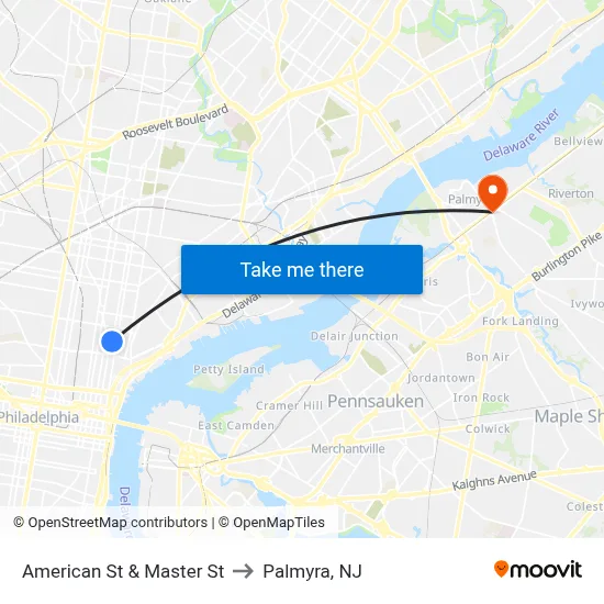 American St & Master St to Palmyra, NJ map
