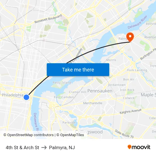 4th St & Arch St to Palmyra, NJ map