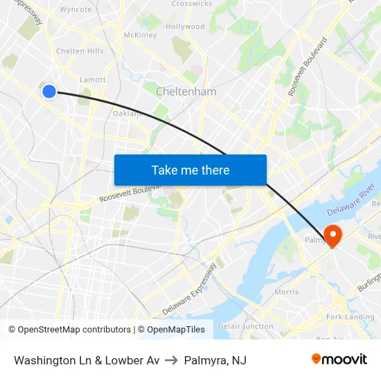 Washington Ln & Lowber Av to Palmyra, NJ map