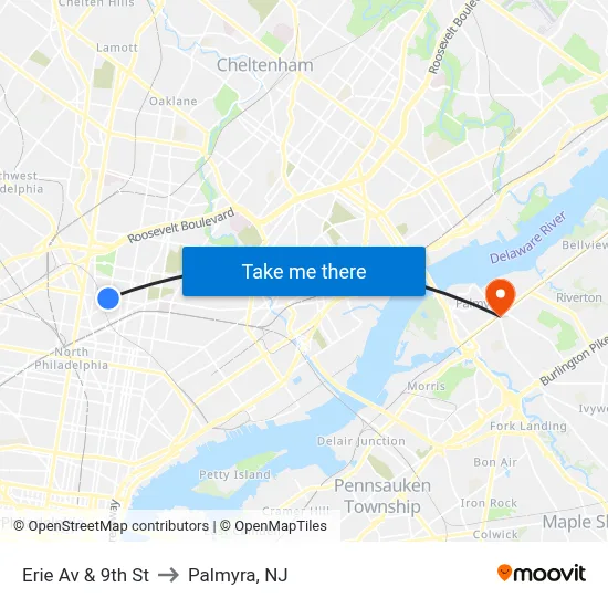 Erie Av & 9th St to Palmyra, NJ map
