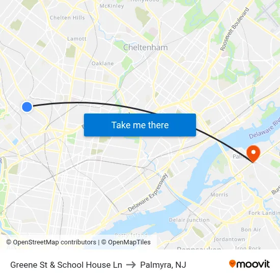 Greene St & School House Ln to Palmyra, NJ map