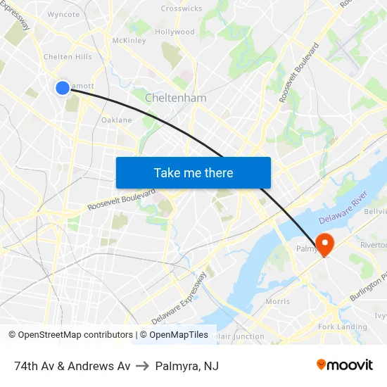 74th Av & Andrews Av to Palmyra, NJ map