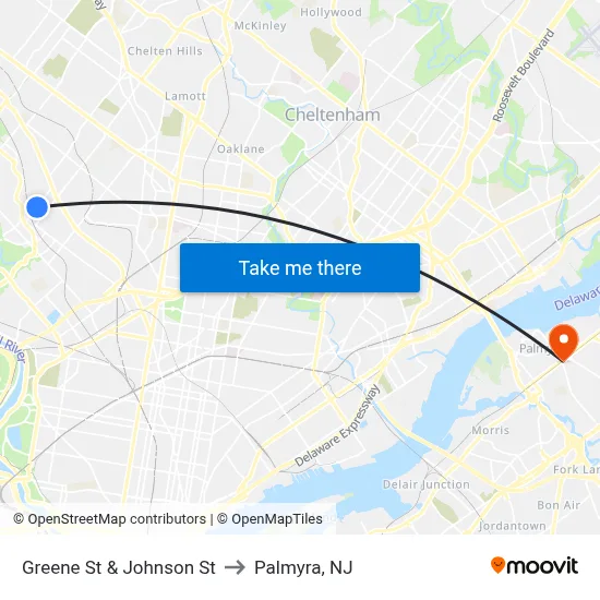 Greene St & Johnson St to Palmyra, NJ map