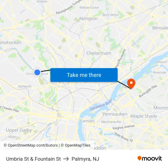 Umbria St & Fountain St to Palmyra, NJ map