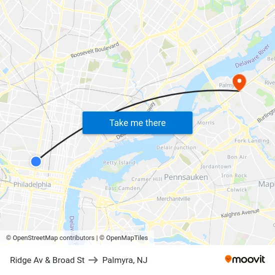 Ridge Av & Broad St to Palmyra, NJ map