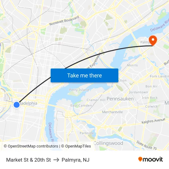 Market St & 20th St to Palmyra, NJ map