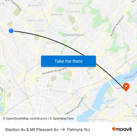 Stenton Av & Mt Pleasant Av to Palmyra, NJ map