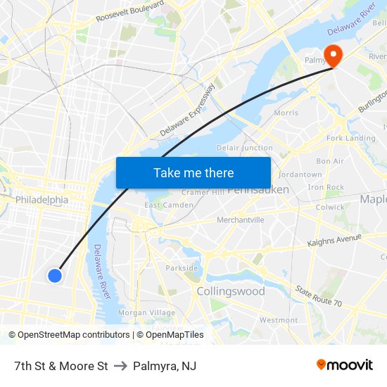 7th St & Moore St to Palmyra, NJ map