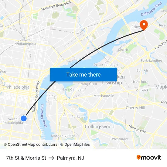 7th St & Morris St to Palmyra, NJ map
