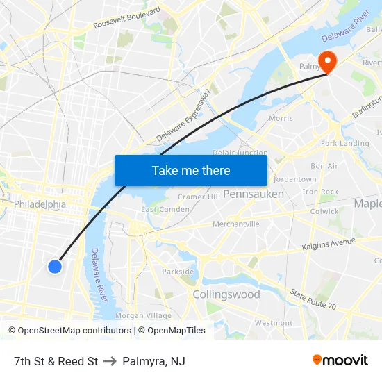 7th St & Reed St to Palmyra, NJ map