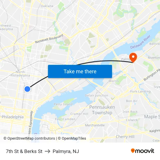 7th St & Berks St to Palmyra, NJ map