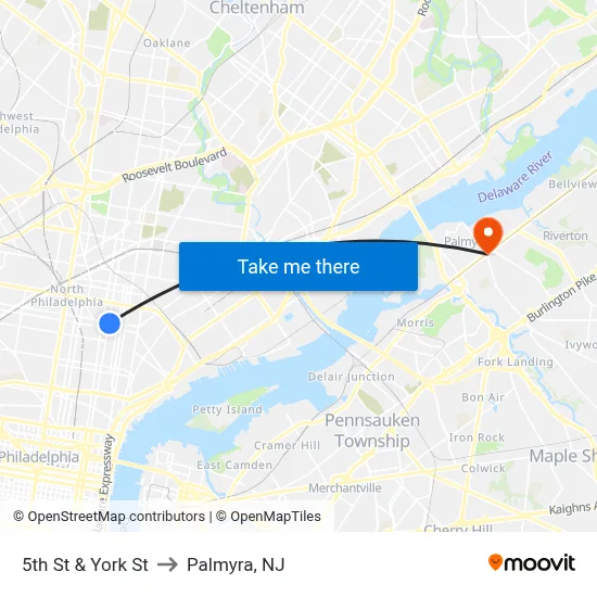 5th St & York St to Palmyra, NJ map