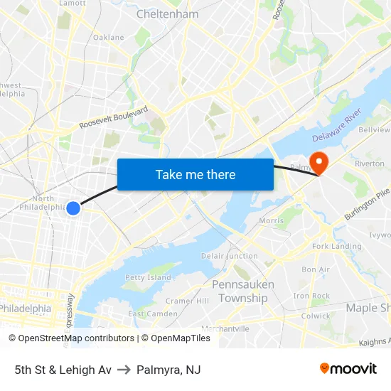 5th St & Lehigh Av to Palmyra, NJ map