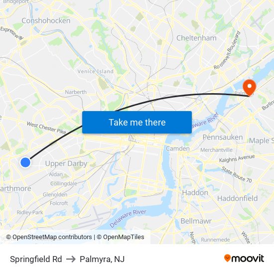 Springfield Rd to Palmyra, NJ map