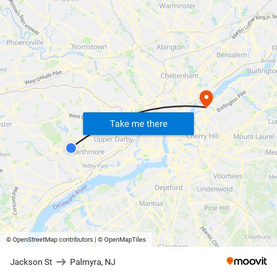 Jackson St to Palmyra, NJ map