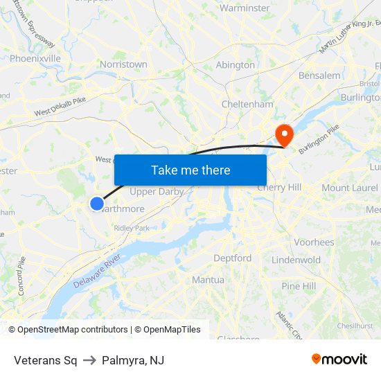 Veterans Sq to Palmyra, NJ map