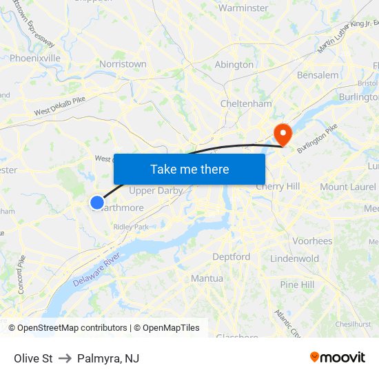 Olive St to Palmyra, NJ map