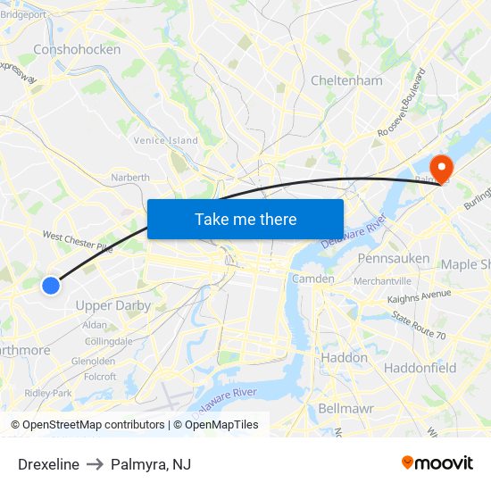 Drexeline to Palmyra, NJ map