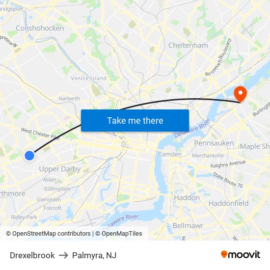 Drexelbrook to Palmyra, NJ map