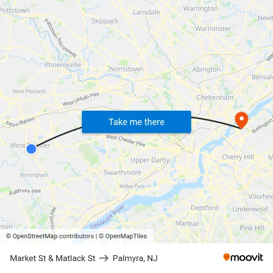 Market St & Matlack St to Palmyra, NJ map