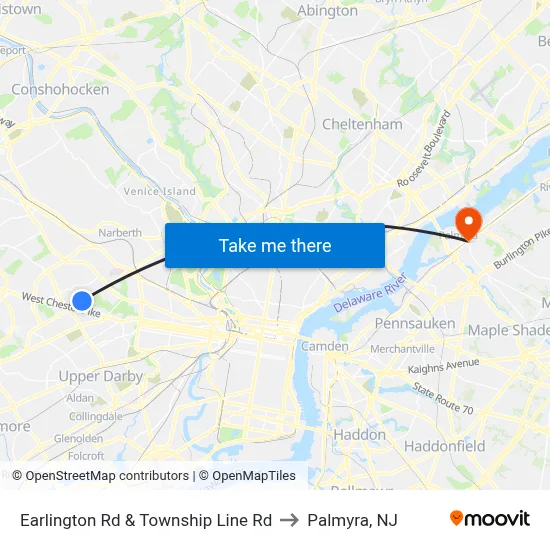 Earlington Rd & Township Line Rd to Palmyra, NJ map