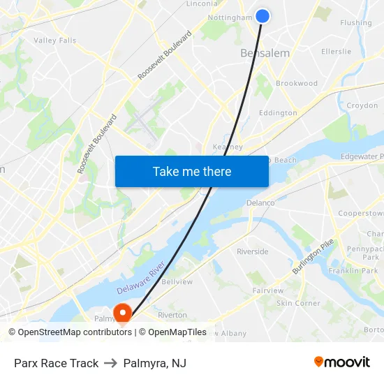 Parx Race Track to Palmyra, NJ map