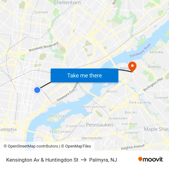Kensington Av & Huntingdon St to Palmyra, NJ map