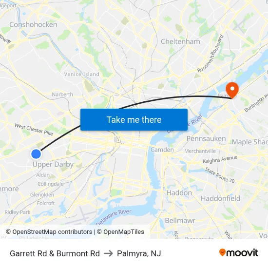 Garrett Rd & Burmont Rd to Palmyra, NJ map
