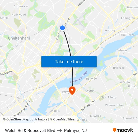 Welsh Rd & Roosevelt Blvd to Palmyra, NJ map